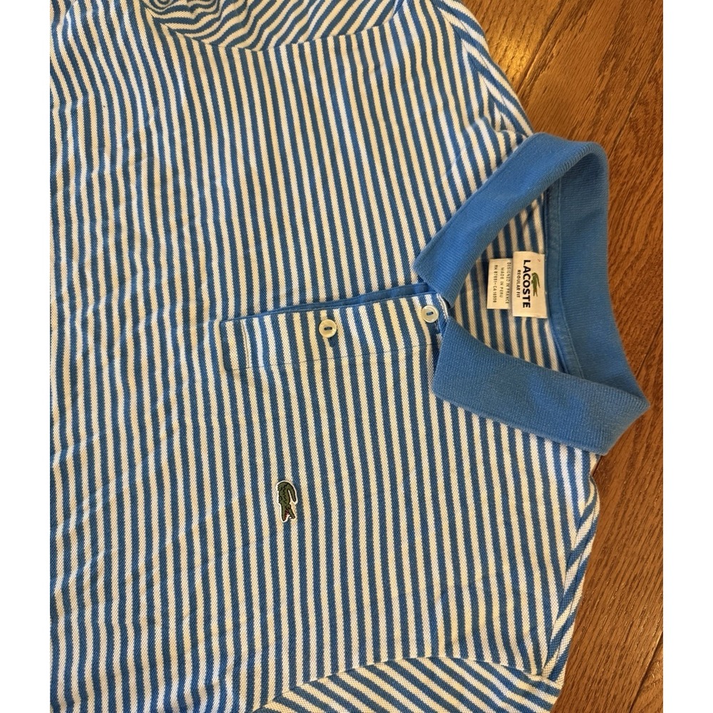 Lacoste Polo Shirt Mens Size 7 Blue White Striped Short Sleeve See Measurements